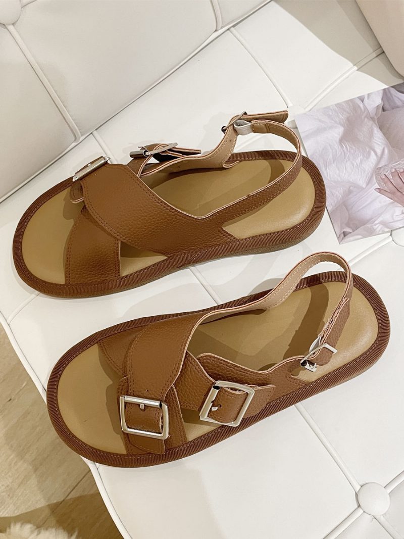 Flache Damen-sandalen Weiße Schnalle Überkreuzte Sandalen-schuhe - Kaffeebraun