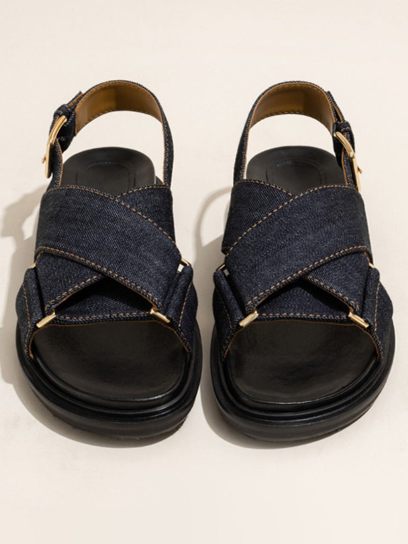 Flache Damensandalen Aus Denim Mit Runder Zehenpartie Tiefblaue Sandalenschuhe - Tiefes Blau