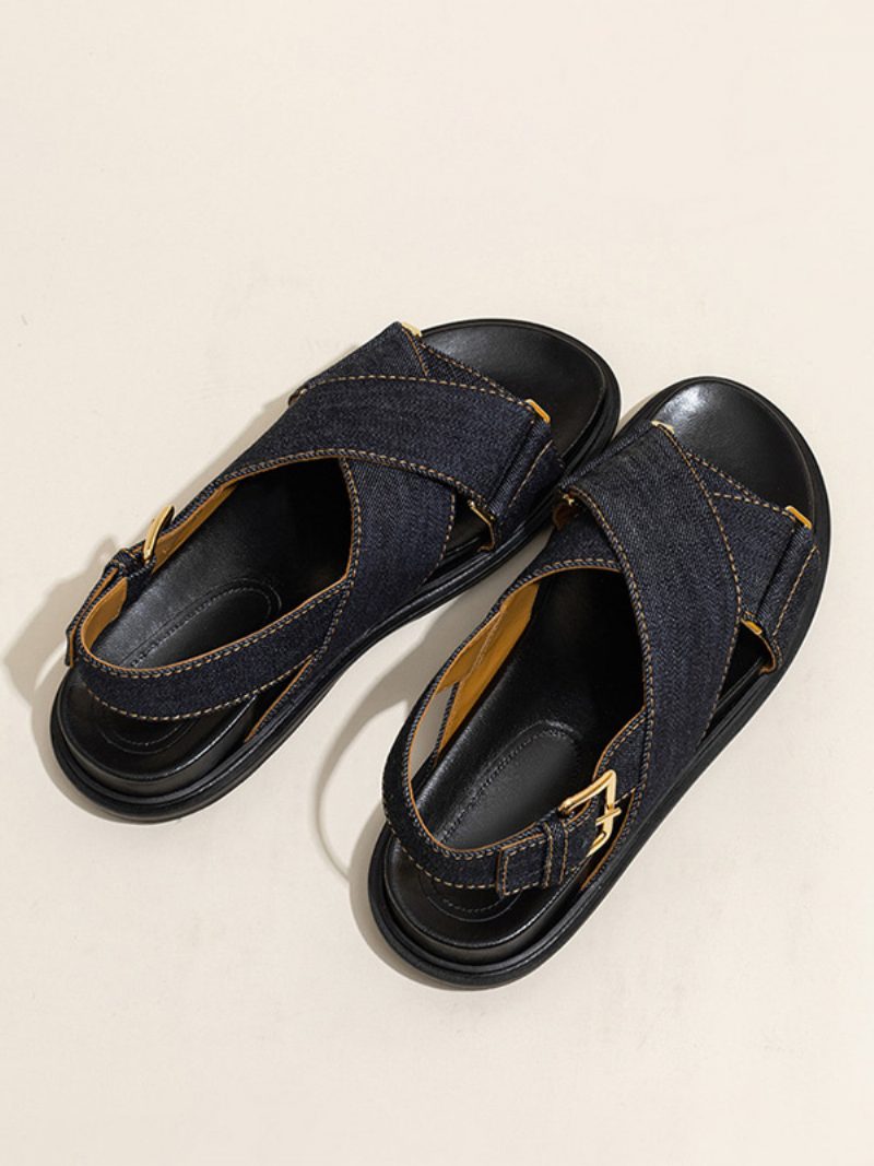 Flache Damensandalen Aus Denim Mit Runder Zehenpartie Tiefblaue Sandalenschuhe - Tiefes Blau