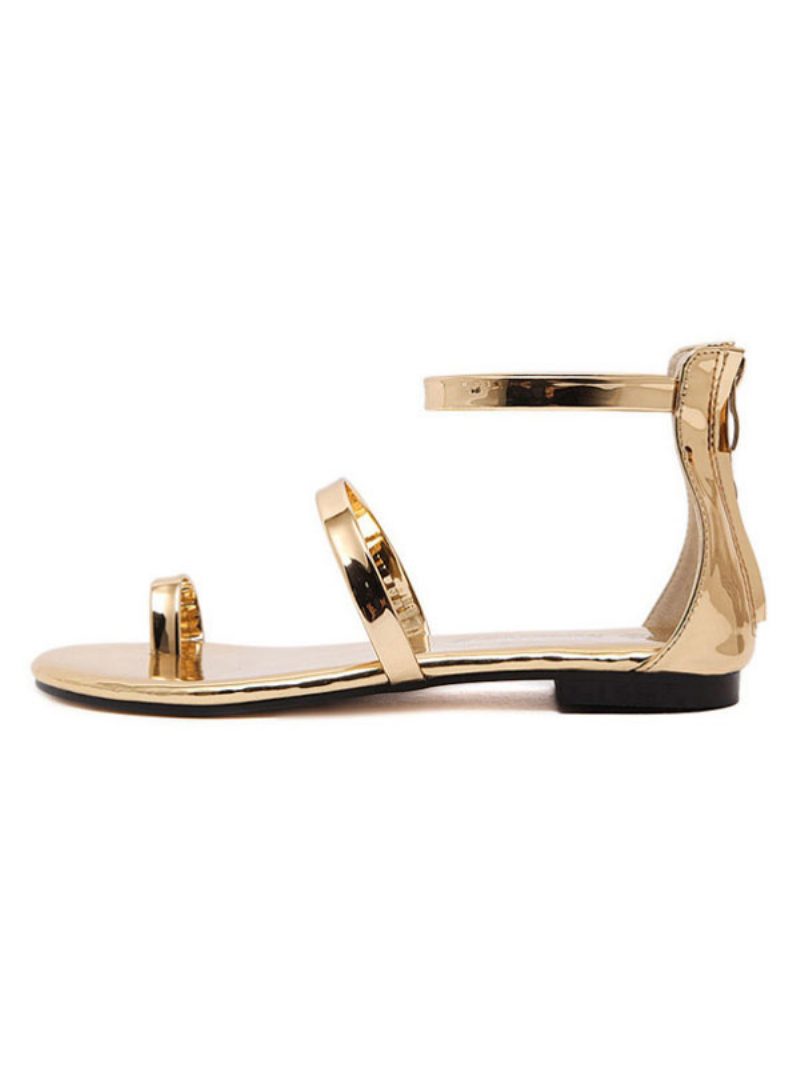 Flache Damensandalen Mit Knöchelriemen Metallic-optik - Gold