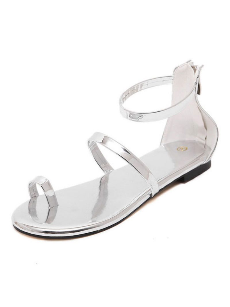 Flache Damensandalen Mit Knöchelriemen Metallic-optik - Silber