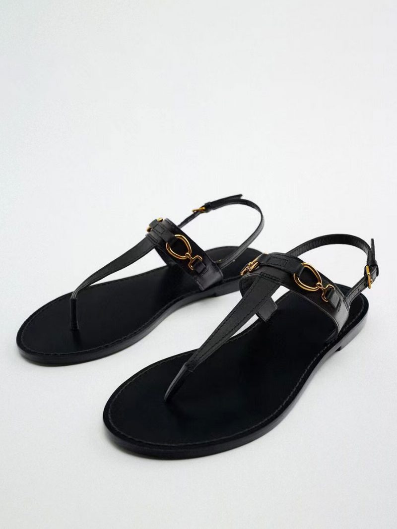 Flache Damensandalen Schicke Offene Zehensandalen Aus Pu-leder - Schwarz