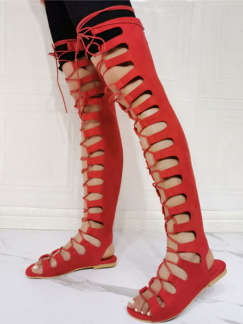 Flache Gladiator-sandalen Mit Schnürung Für Damen Aus Wildleder - Rot