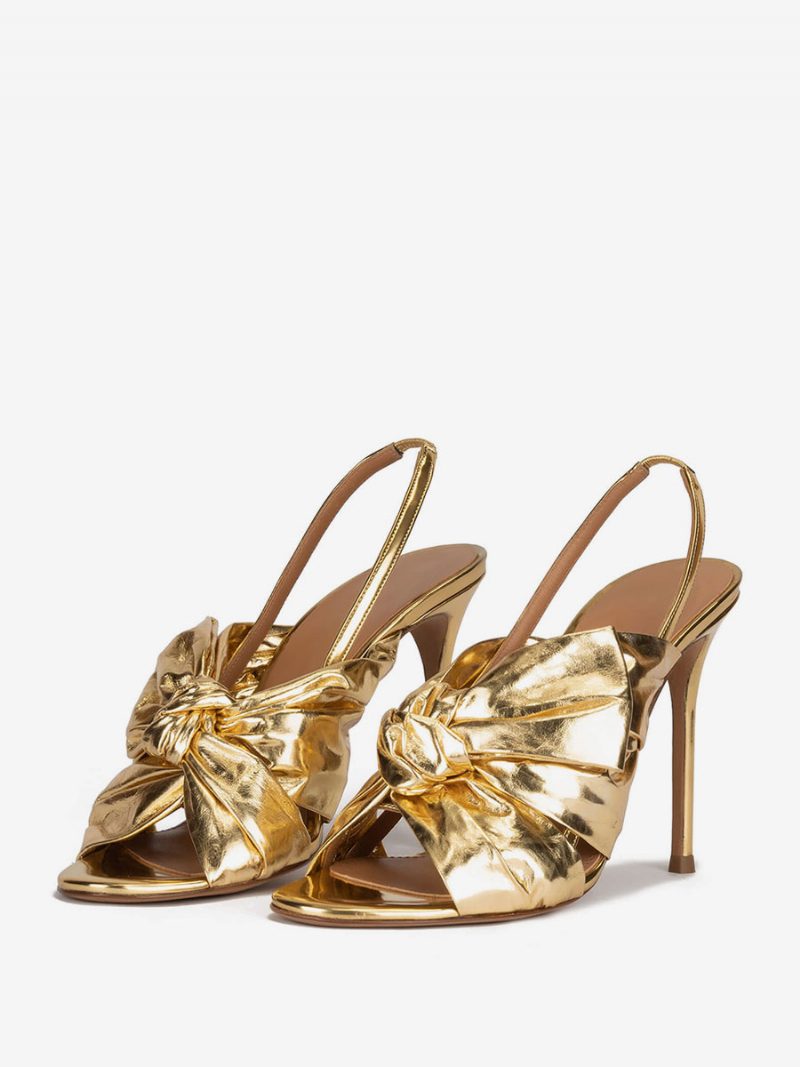 Goldene Damen-abschlussballschuhe High-heel-sandalen Metallisches Pu-leder Offene Zehenpartie Geknotete Slingback-partyschuhe