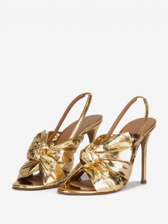 Goldene Damen-abschlussballschuhe High-heel-sandalen Metallisches Pu-leder Offene Zehenpartie Geknotete Slingback-partyschuhe