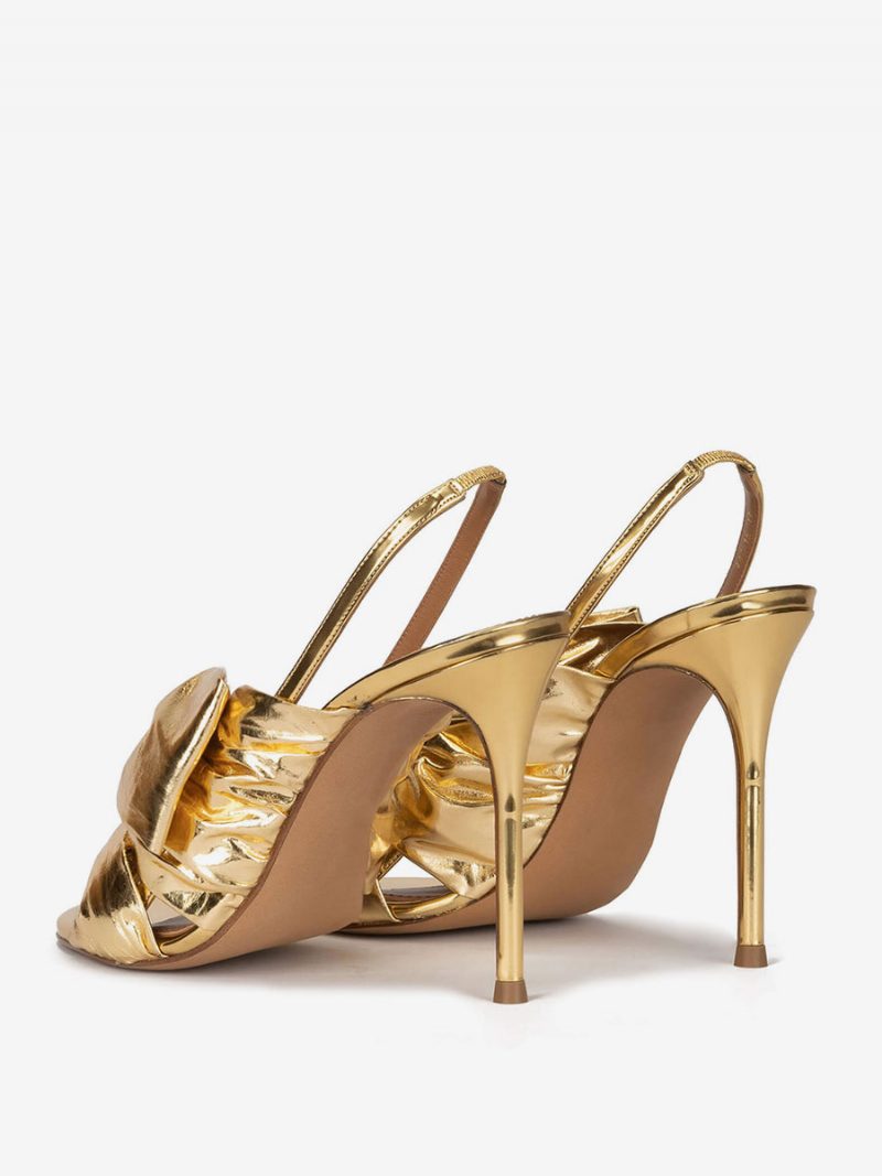 Goldene Damen-abschlussballschuhe High-heel-sandalen Metallisches Pu-leder Offene Zehenpartie Geknotete Slingback-partyschuhe - Gold