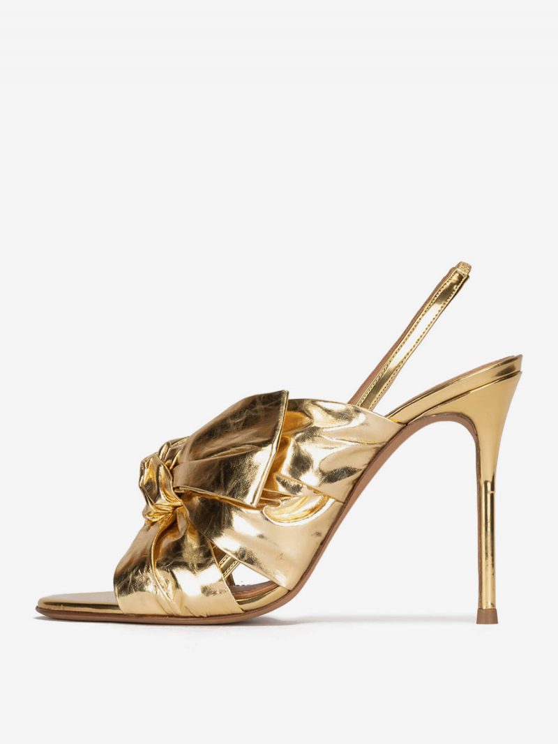 Goldene Damen-abschlussballschuhe High-heel-sandalen Metallisches Pu-leder Offene Zehenpartie Geknotete Slingback-partyschuhe - Gold