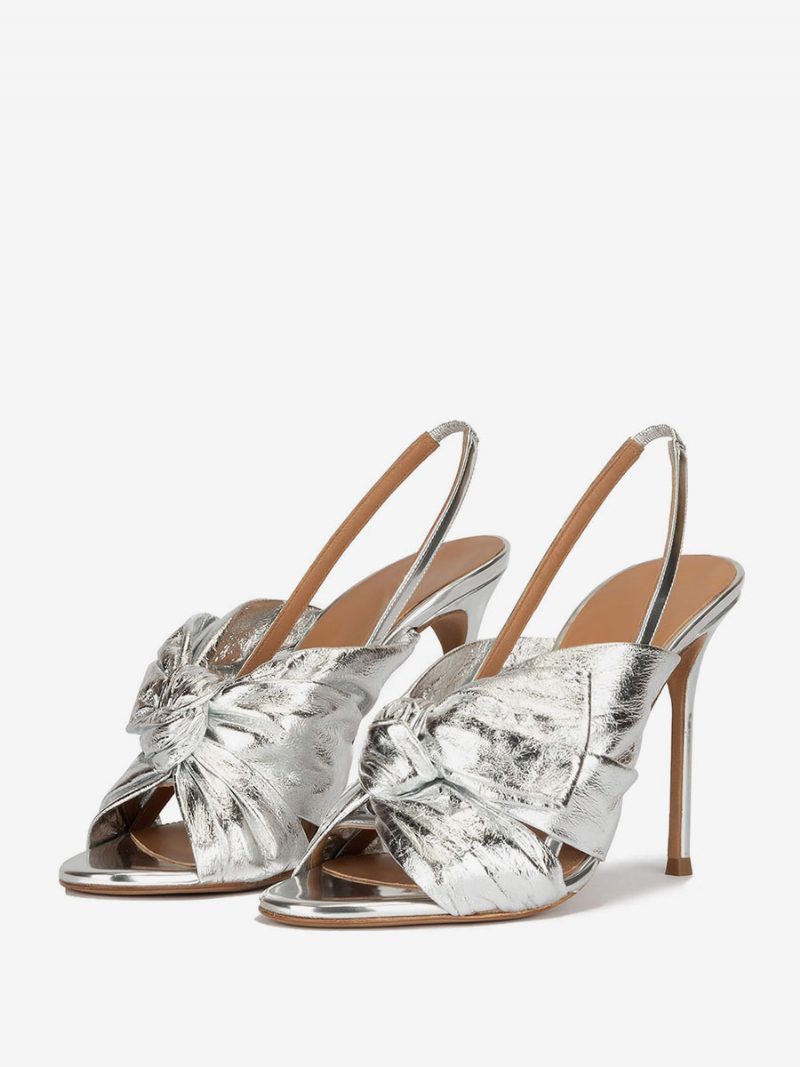 Goldene Damen-abschlussballschuhe High-heel-sandalen Metallisches Pu-leder Offene Zehenpartie Geknotete Slingback-partyschuhe - Silber