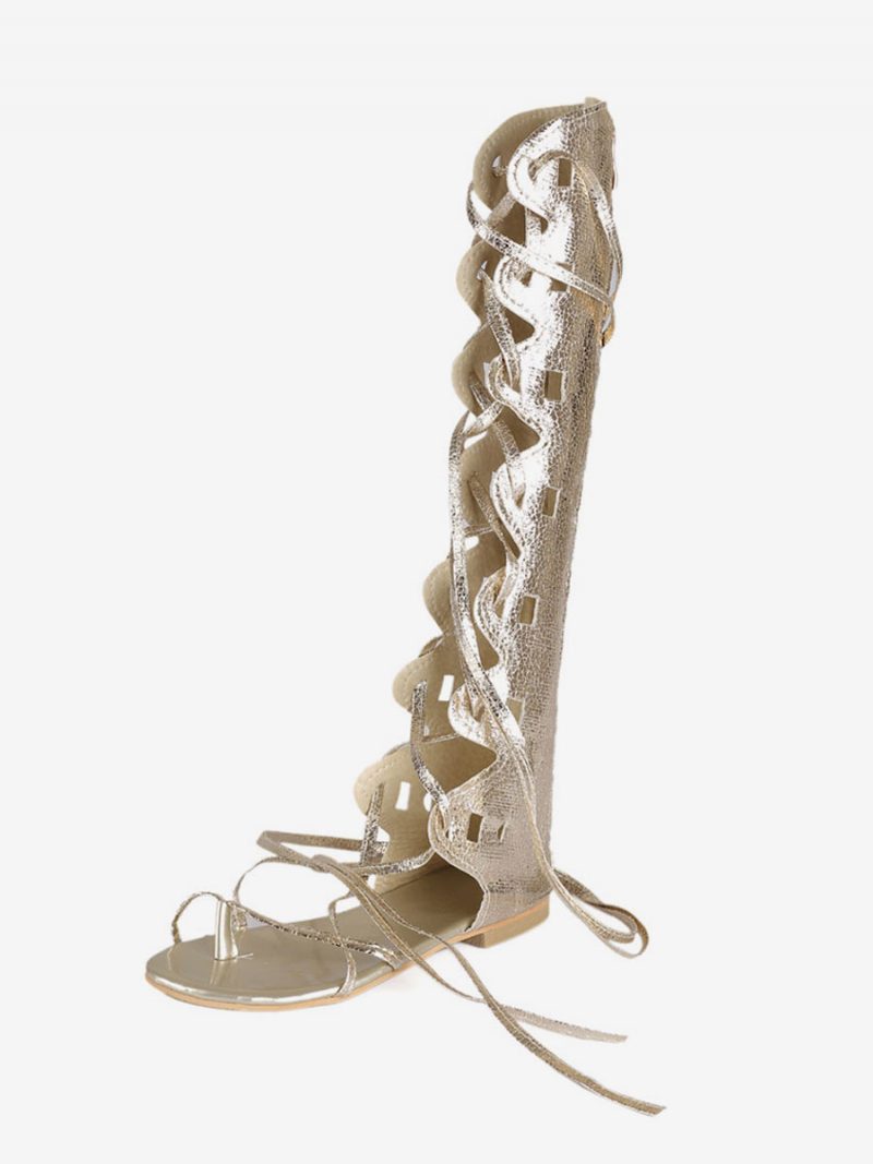 Goldene Gladiator-sandalen Für Damen Zum Schnüren Flache Kniehohe Sandalen