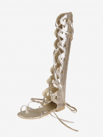 Goldene Gladiator-sandalen Für Damen Zum Schnüren Flache Kniehohe Sandalen