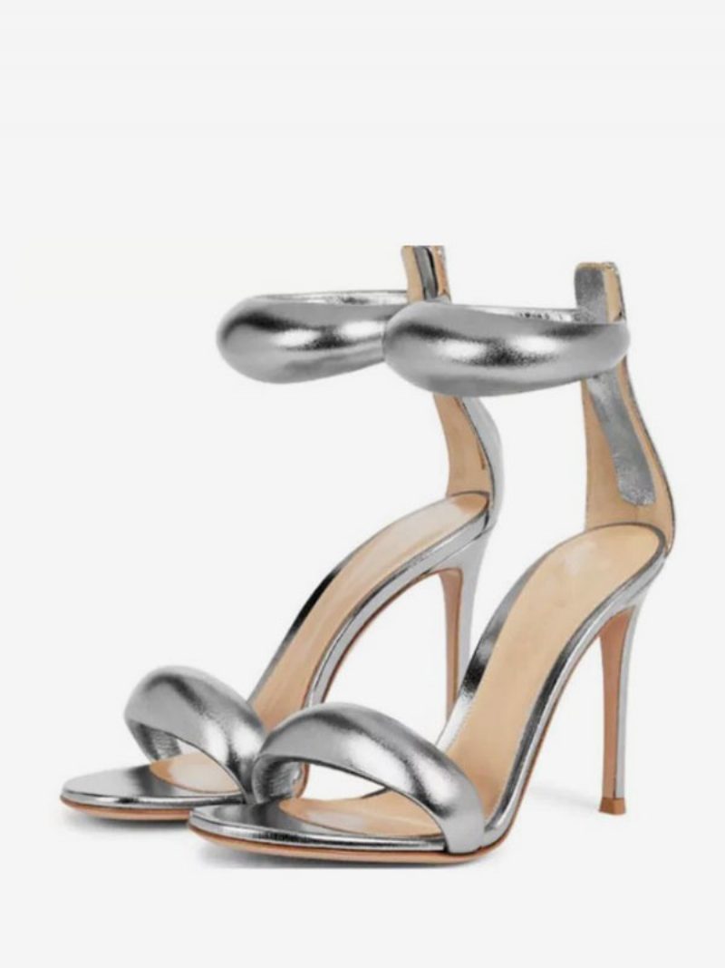 Goldfarbene High-heel-damen-ballsandalen Mit Offener Zehenpartie Und Metallischem Knöchelriemen - Silber