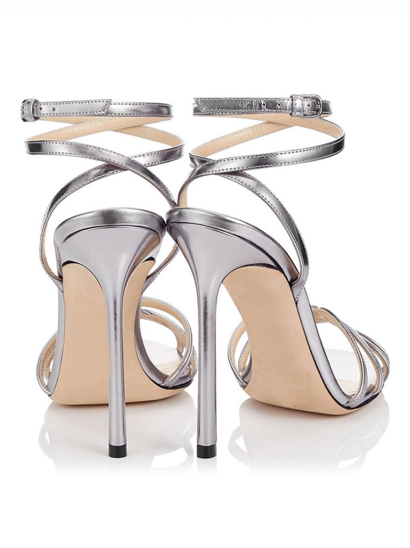 High Heel Sandalen Damen Riemchen Open Toe Slingback Stiletto - Silber