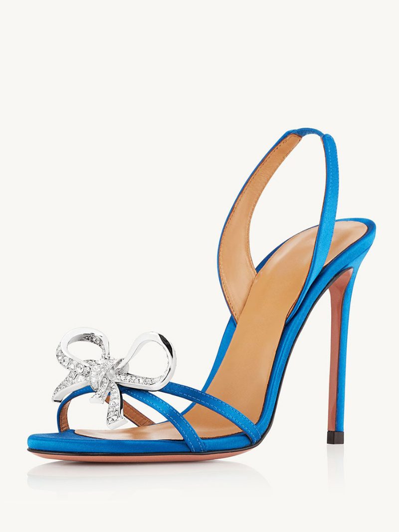 High-heel-sandalen Für Damen Offene Zehen Strasssteine Schleife Stiletto-absatz Abschlussball Party Schuhe - Blau