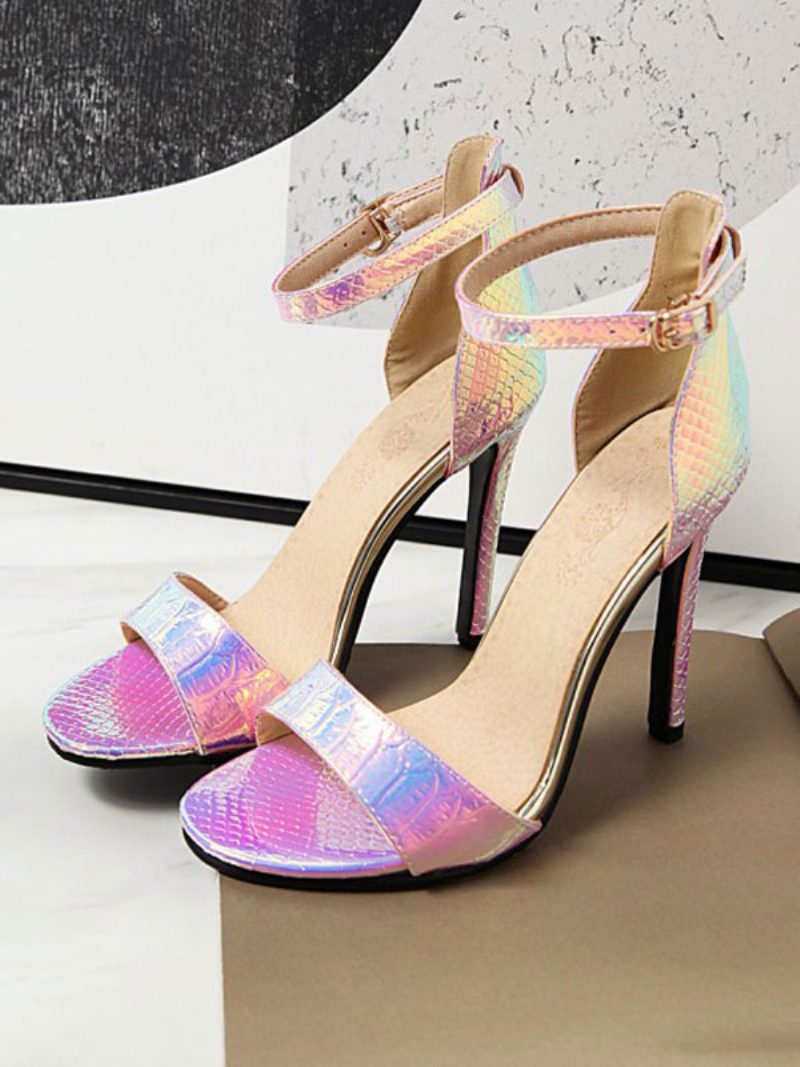 Holografische Damen-knöchelriemen-absätze Stiletto-absatz-sandalen Abschlussball-schuhe - Rosa