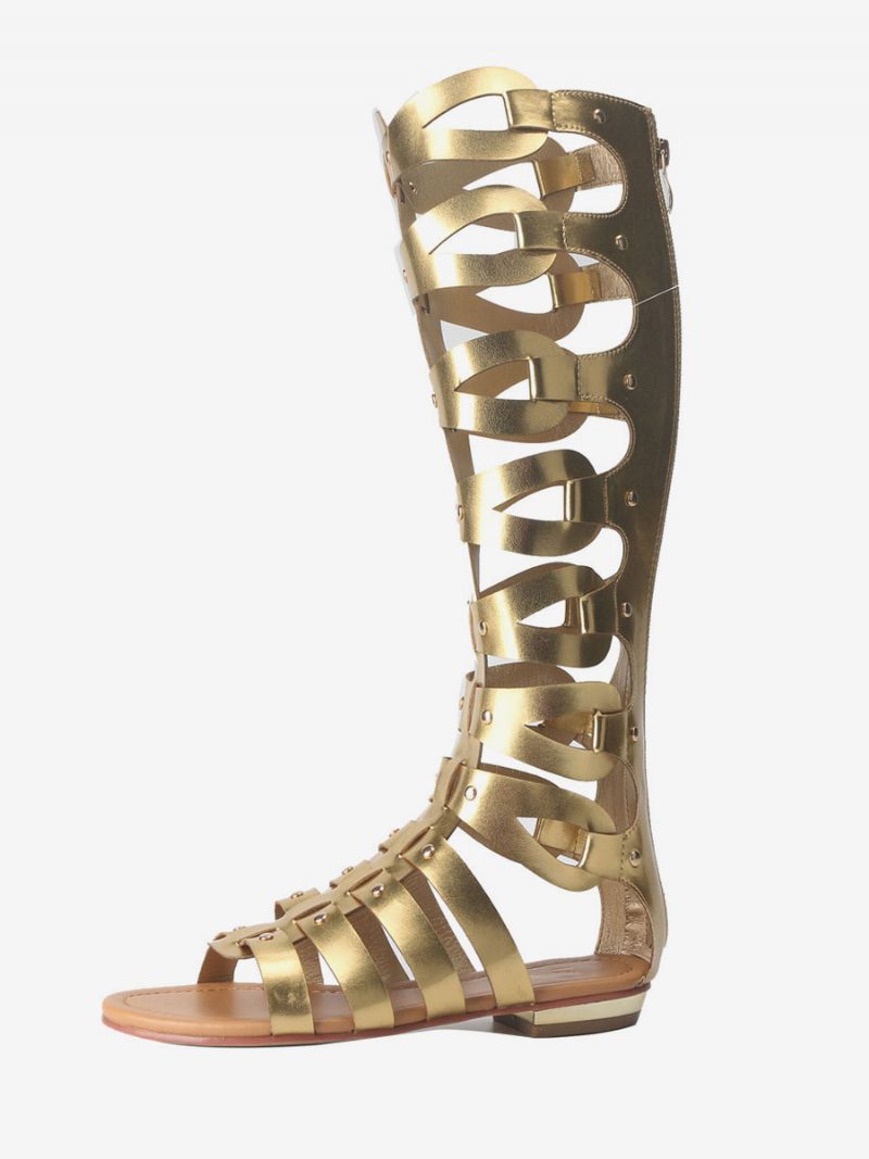 Kniehohe Gladiator-sandalen Für Damen Offene Zehen Flache Sandalen Mit Nieten - Gold