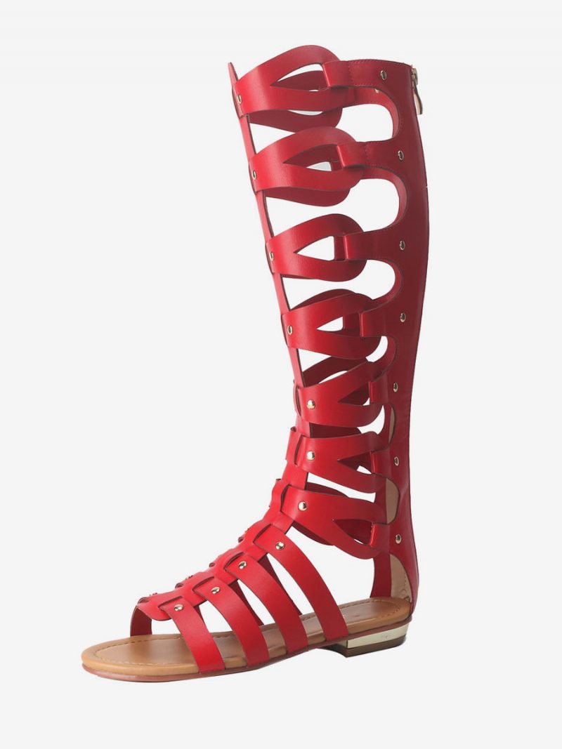 Kniehohe Gladiator-sandalen Für Damen Offene Zehen Flache Sandalen Mit Nieten - Rot