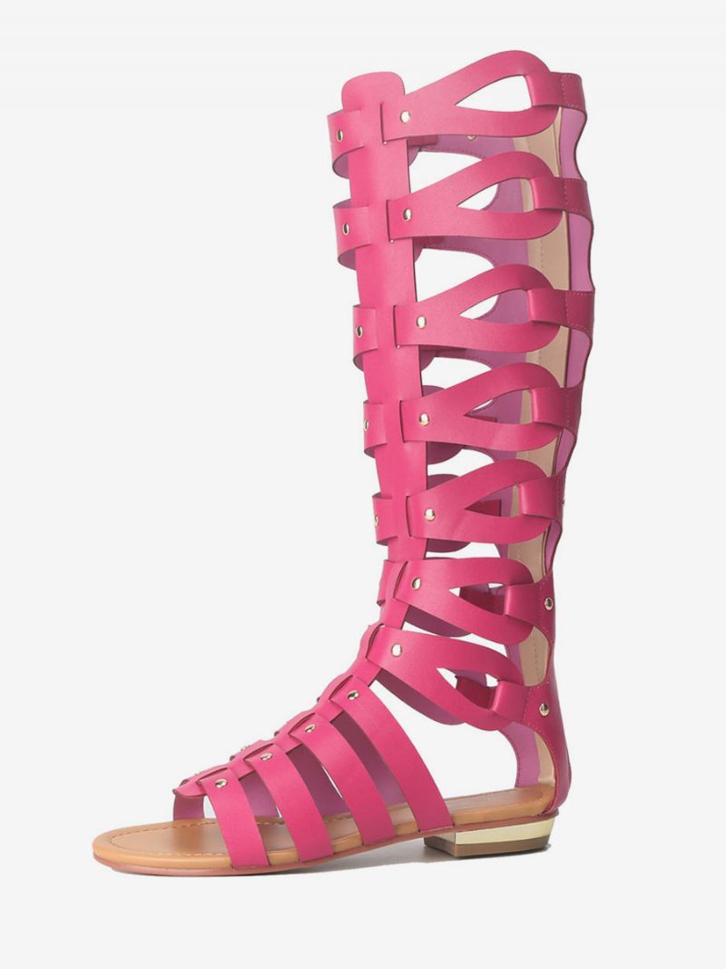 Kniehohe Gladiator-sandalen Für Damen Offene Zehen Flache Sandalen Mit Nieten - Rose