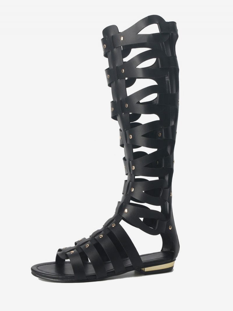 Kniehohe Gladiator-sandalen Für Damen Offene Zehen Flache Sandalen Mit Nieten - Schwarz