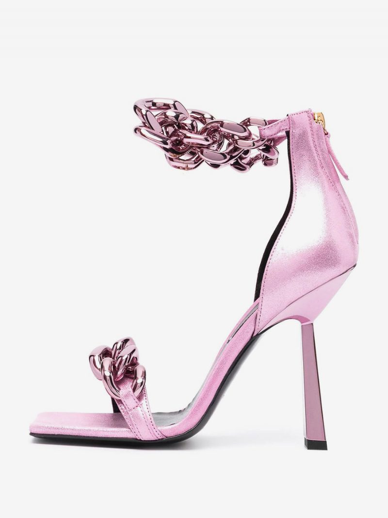 Rosafarbene High-heel-sandalen Für Damen Mit Metallischem Kettendesign Und Knöchelriemen Den Abschlussball - Rosa