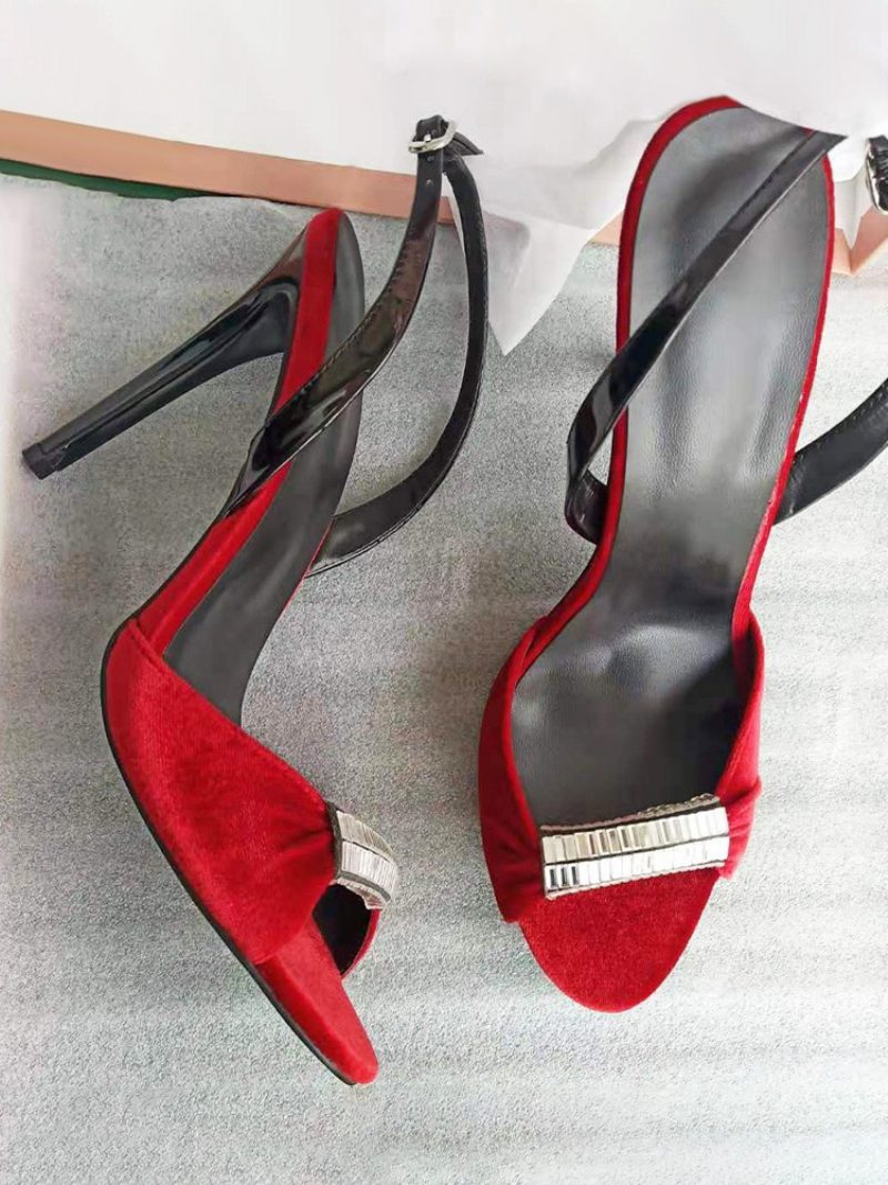 Rote Damen-abschlussball-party-schuhe Aus Samt Mit Offener Zehenpartie Und Perlen-slingback-sandalen Hohem Absatz