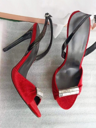 Rote Damen-abschlussball-party-schuhe Aus Samt Mit Offener Zehenpartie Und Perlen-slingback-sandalen Hohem Absatz