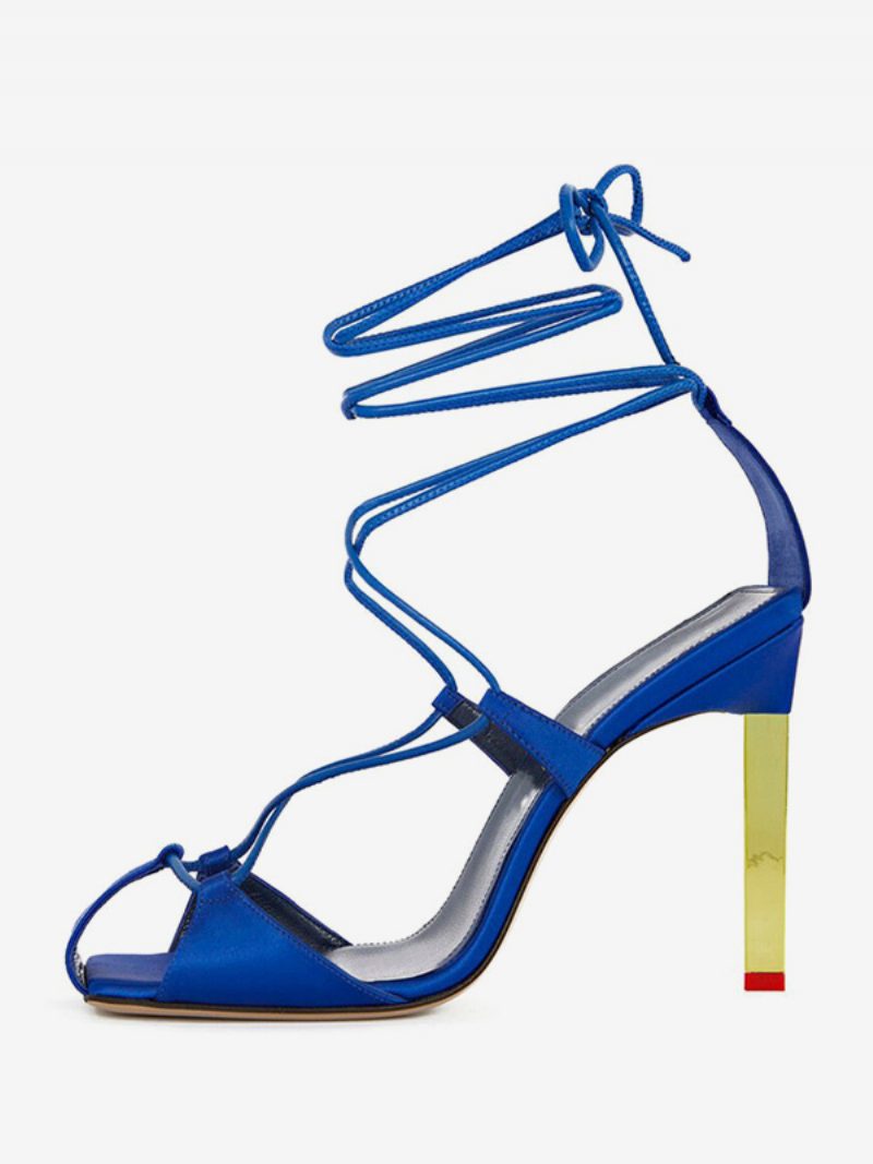 Satin-partyschuhe Blaue Schnür-sandalen Mit Hohem Absatz Für Damen - Blau