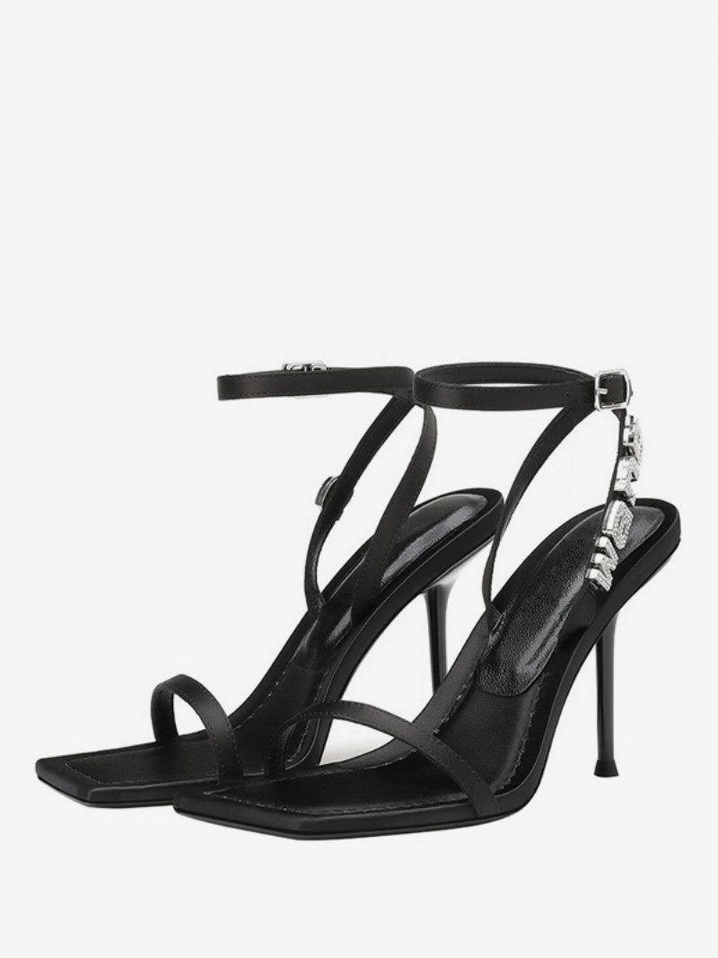 Schwarze Absatzsandalen Für Damen Quadratischer Zehenbereich Stiletto-absatz Strasssteine Knöchelriemen Abschlussballschuhe