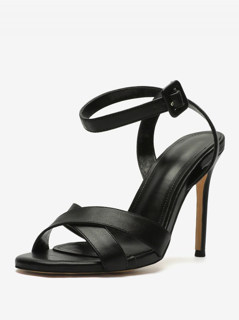 Schwarze Damen-sandalen Mit Offenem Zehenbereich Schnallendetail Und Stiletto-absatz