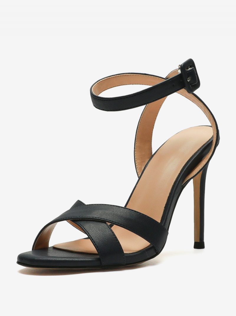 Schwarze Damen-sandalen Mit Offenem Zehenbereich Schnallendetail Und Stiletto-absatz - Tiefblau