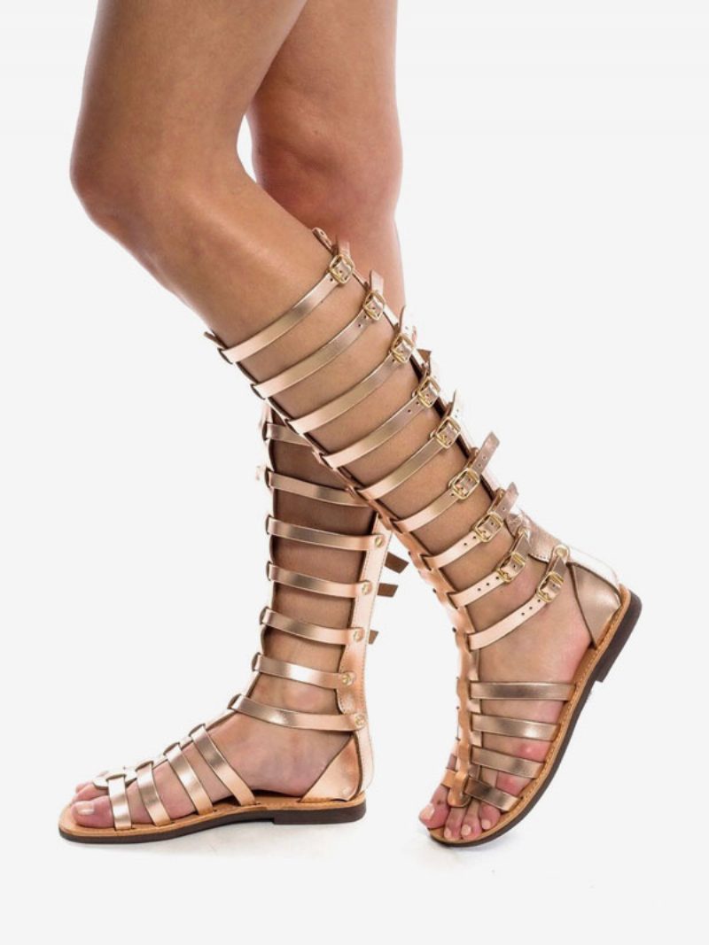 Schwarze Flache Gladiator-sandalen Für Damen Mit Offener Zehenpartie Und Schnallendetail - Gold