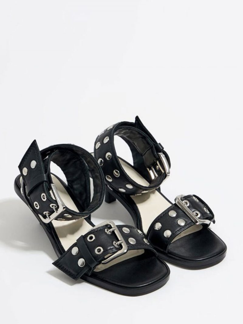 Schwarze Kitten-heel-sandalen Für Damen Offene Zehenpartie Nieten Schnallendetail Knöchelriemen-sandalen - Schwarz