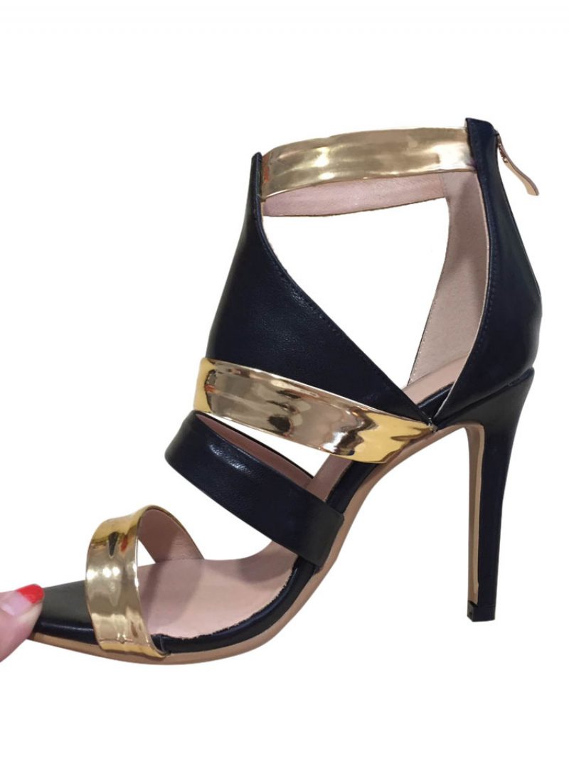 Schwarze Und Goldene High Heels Für Damen Mit Cut-out Stiletto-absatz - Schwarz