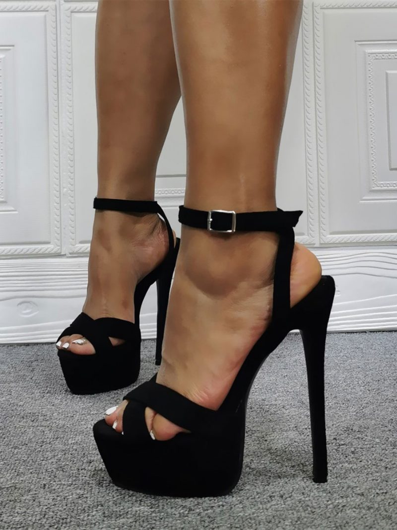 Sexy Damen-sandalen Mit Hohem Absatz Schwarzes Wildleder Knöchelriemen Übergröße Stiletto-absatz - Schwarz