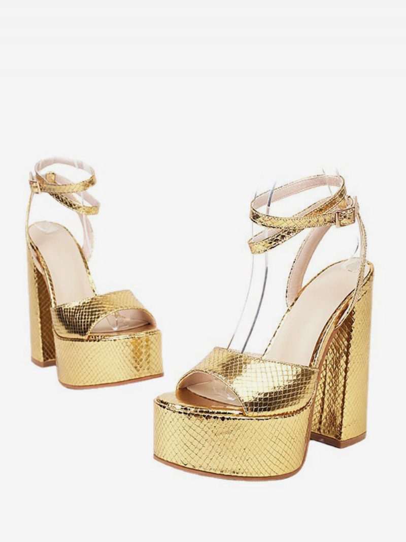 Silberne Damen-sandalen Mit Plateau-peep-toe-knöchelriemen - Gold