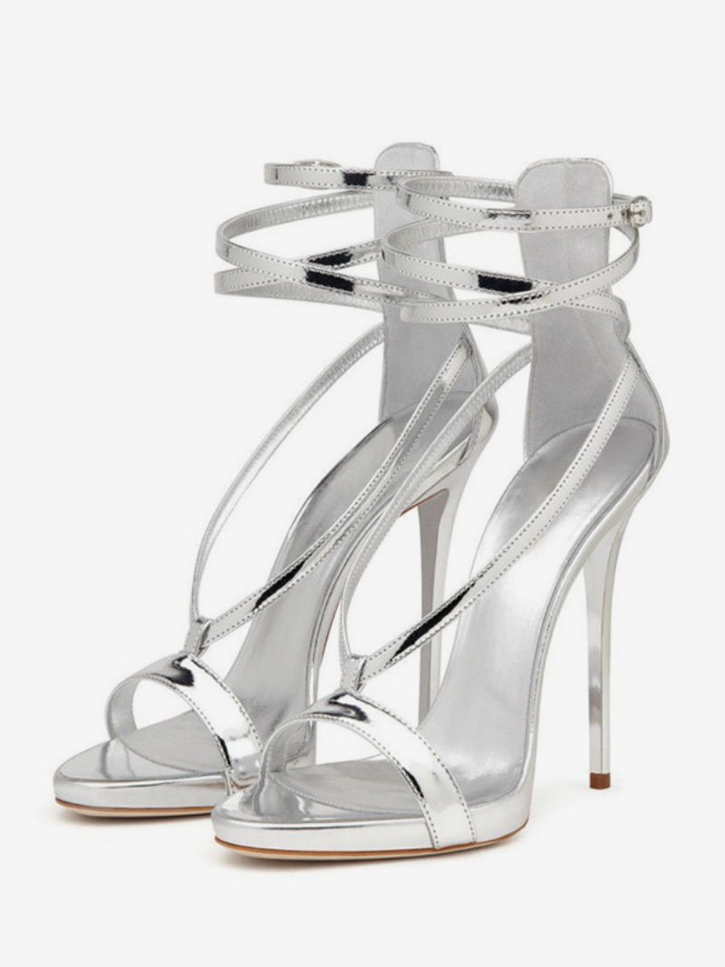 Silberne High-heel-sandalen Für Damen Metallic-cross-cross-knöchelriemen Abschlussball-party-schuhe