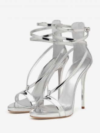 Silberne High-heel-sandalen Für Damen Metallic-cross-cross-knöchelriemen Abschlussball-party-schuhe