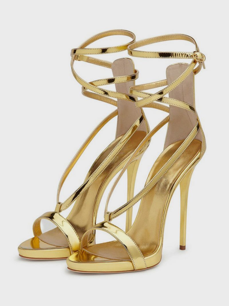 Silberne High-heel-sandalen Für Damen Metallic-cross-cross-knöchelriemen Abschlussball-party-schuhe - Gold