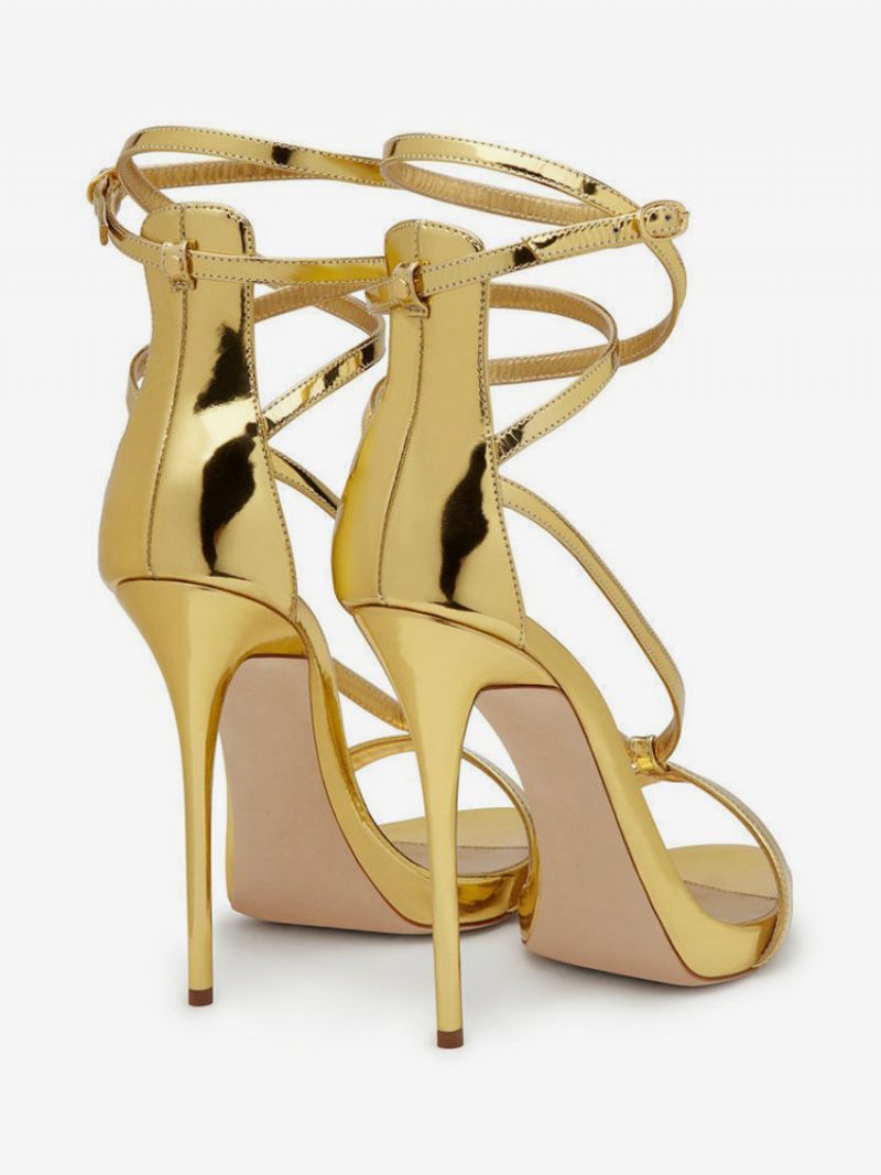 Silberne High-heel-sandalen Für Damen Metallic-cross-cross-knöchelriemen Abschlussball-party-schuhe - Gold