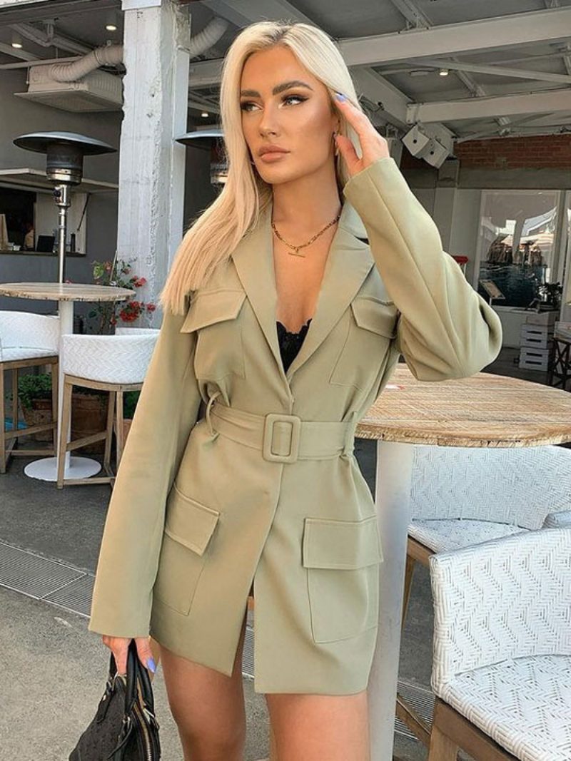 Blazer-jacke Rose Einfarbig Umlegekragen Gürtel Entspannte Passform Frühling Herbst Schickes Blazer-kleid Straßen-oberbekleidung Für Damen - Salbei