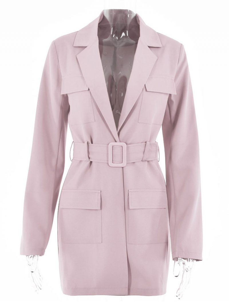 Blazer-jacke Rose Einfarbig Umlegekragen Gürtel Entspannte Passform Frühling Herbst Schickes Blazer-kleid Straßen-oberbekleidung Für Damen - Rosa