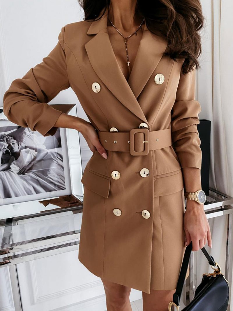 Blazer-kleid Weiß Zweireihig Einfarbig Schmale Passform Lässiger Gürtel Frühlings-herbst-oberbekleidung Für Damen - Khaki