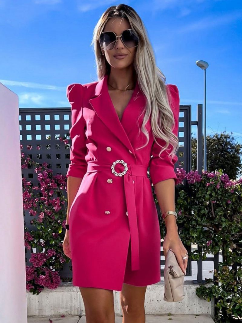 Blazer-kleid Weißer Gürtel Zweireihig Einfarbig Schmale Passform Lässig Stilvoll Frühlings-herbst-oberbekleidung Für Damen - Rose