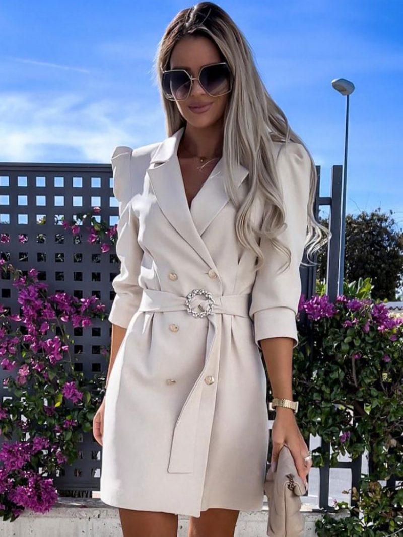 Blazer-kleid Weißer Gürtel Zweireihig Einfarbig Schmale Passform Lässig Stilvoll Frühlings-herbst-oberbekleidung Für Damen - Khaki