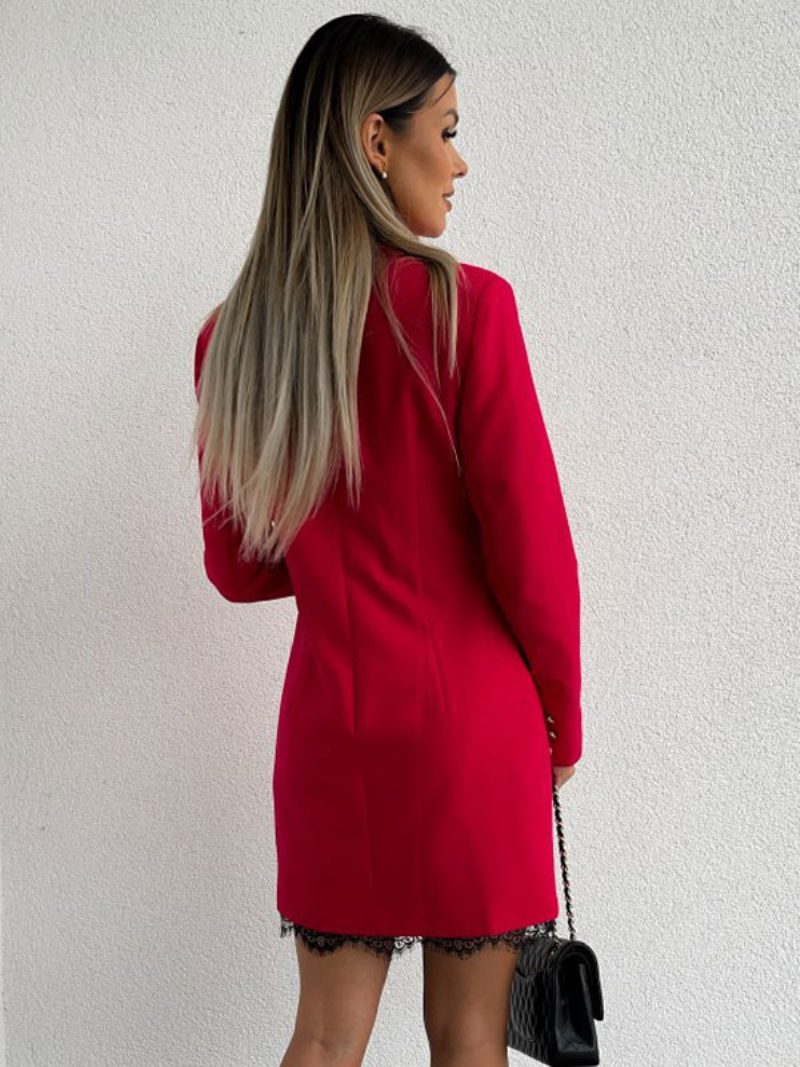 Blazer-kleid Zweireihig Einfarbig Spitzensaum Entspannte Passform Lässige Frühlings-herbst-oberbekleidung Für Damen - Rot