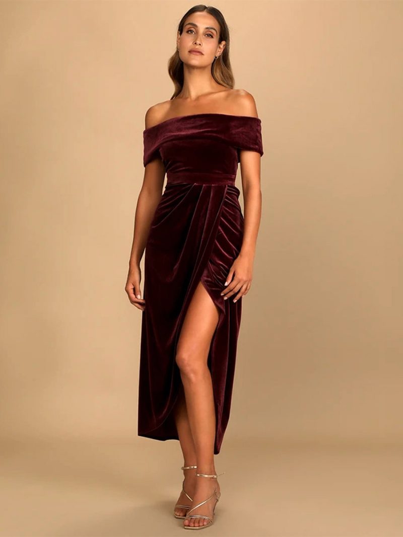 Damen-maxikleid Aus Samt Schulterfrei Hoher Schlitz Plissiert Cocktail-abschlussballkleider