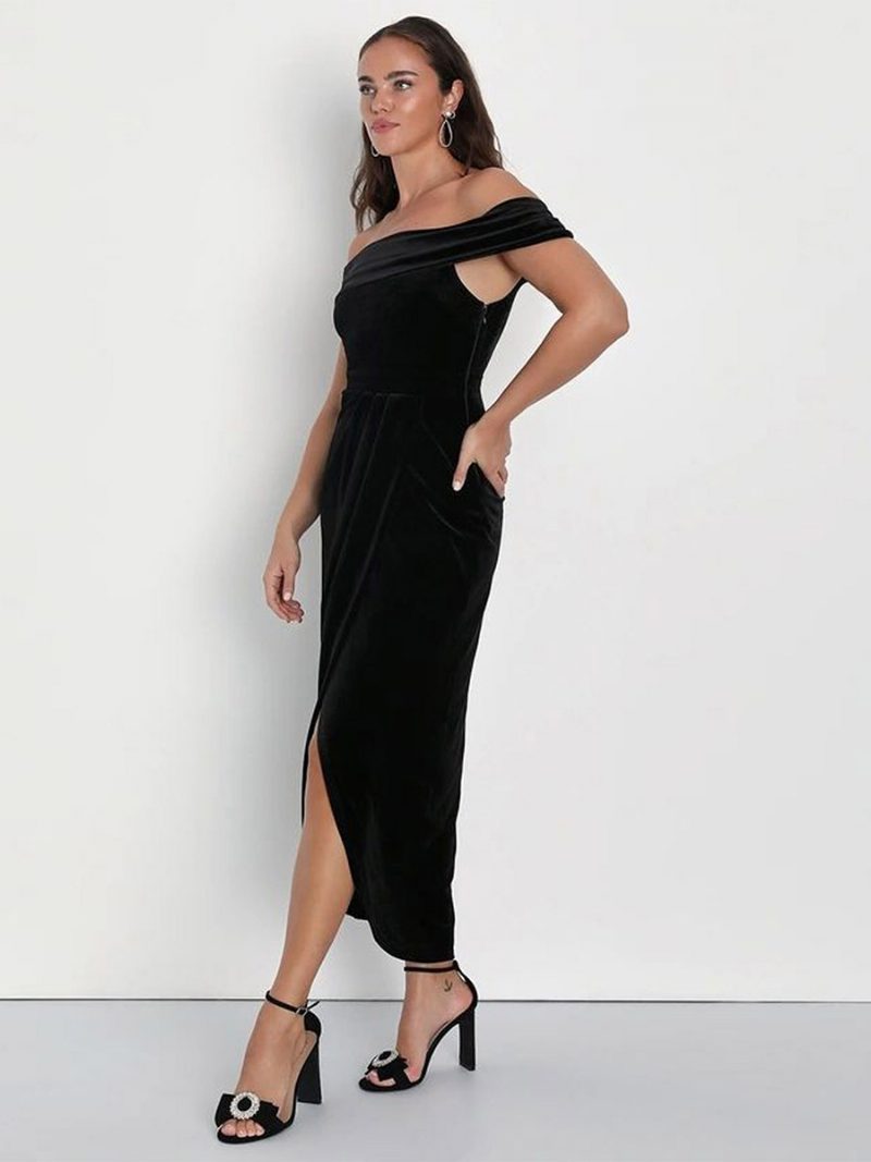 Damen-maxikleid Aus Samt Schulterfrei Hoher Schlitz Plissiert Cocktail-abschlussballkleider - Schwarz