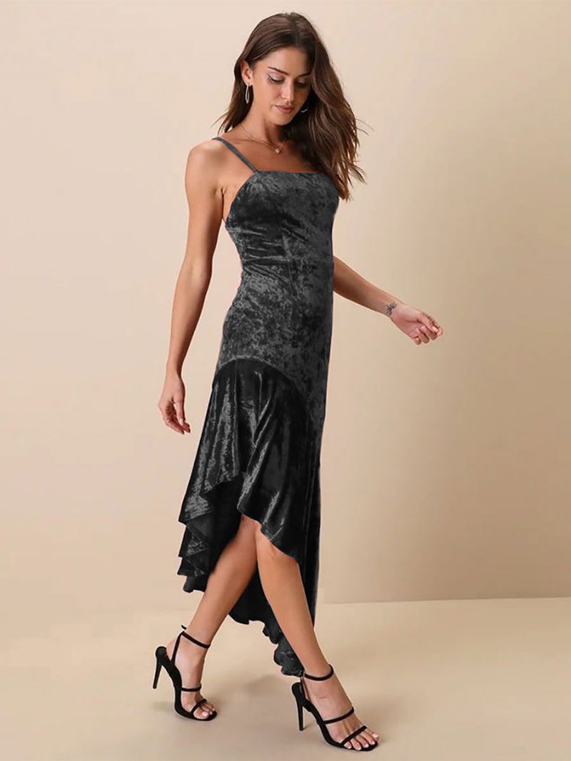 Damen-maxikleid Aus Samt Verstellbare Träger Asymmetrische Rüschen Ballkleider - Schwarz