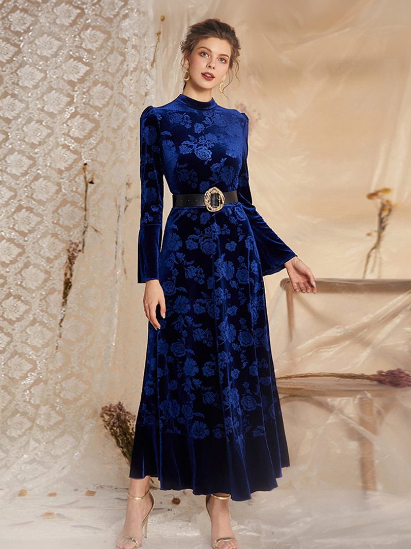 Damen-samtkleid Bedruckt Juwelenausschnitt Lange Ärmel Klassische Winter-maxikleider - Dunkles Marineblau