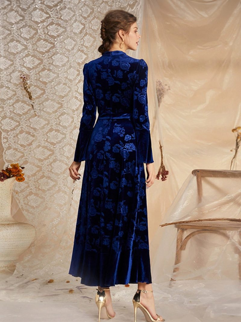 Damen-samtkleid Bedruckt Juwelenausschnitt Lange Ärmel Klassische Winter-maxikleider - Dunkles Marineblau