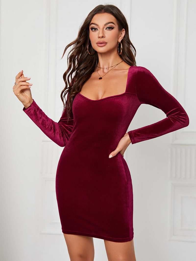 Damen-samtkleid Herzförmiger Ausschnitt Lange Ärmel Sexy Mini-bodycon-kleider - Burgund